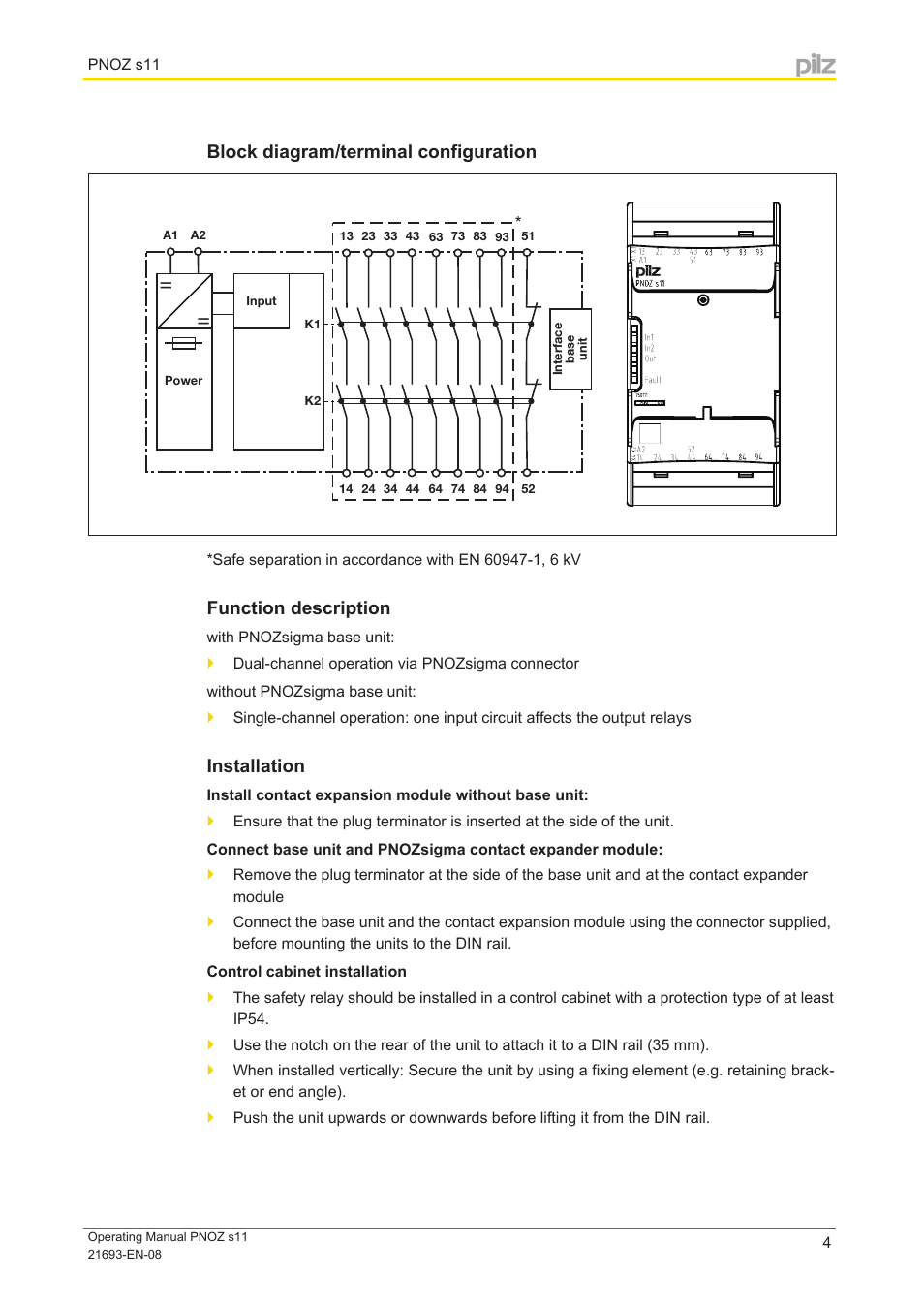 Block diagram/terminal configuration, Function description, Installation | Pilz PNOZ s11 C 24VDC 8 n/o 1 n/c User Manual | Page 4 / 13
