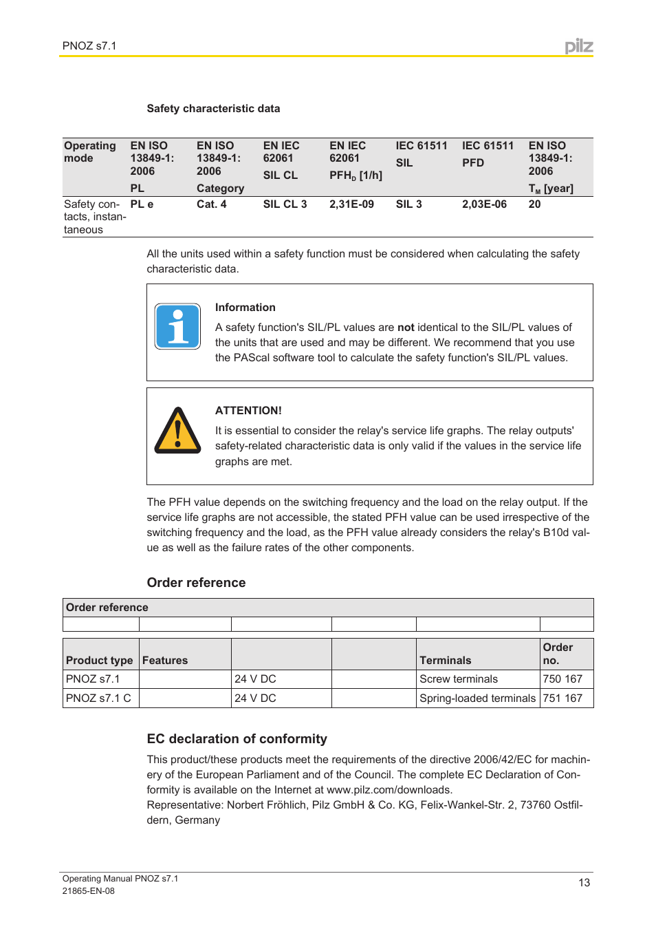 Safety characteristic data, Order reference, Ec declaration of conformity | Pilz PNOZ s7.1 C 24VDC 3 n/o 1 n/c cascade User Manual | Page 13 / 14