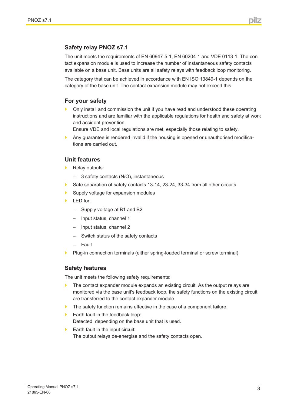 Safety relay pnoz s7.1, For your safety, Unit features | Safety features | Pilz PNOZ s7.1 C 24VDC 3 n/o 1 n/c cascade User Manual | Page 3 / 14