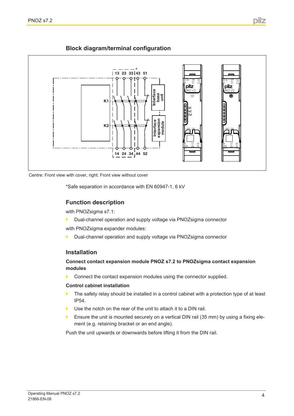 Block diagram/terminal configuration, Function description, Installation | Pilz PNOZ s7.2 C 24VDC 4 n/o 1 n/c expand User Manual | Page 4 / 13