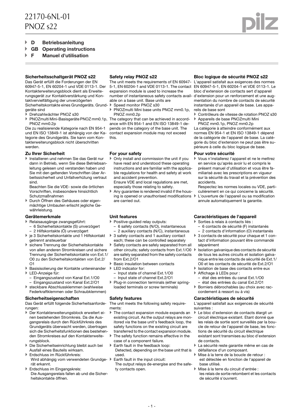 Pilz PNOZ s22 C 24VDC 2 x 3 n/o 1 n/c User Manual | 12 pages