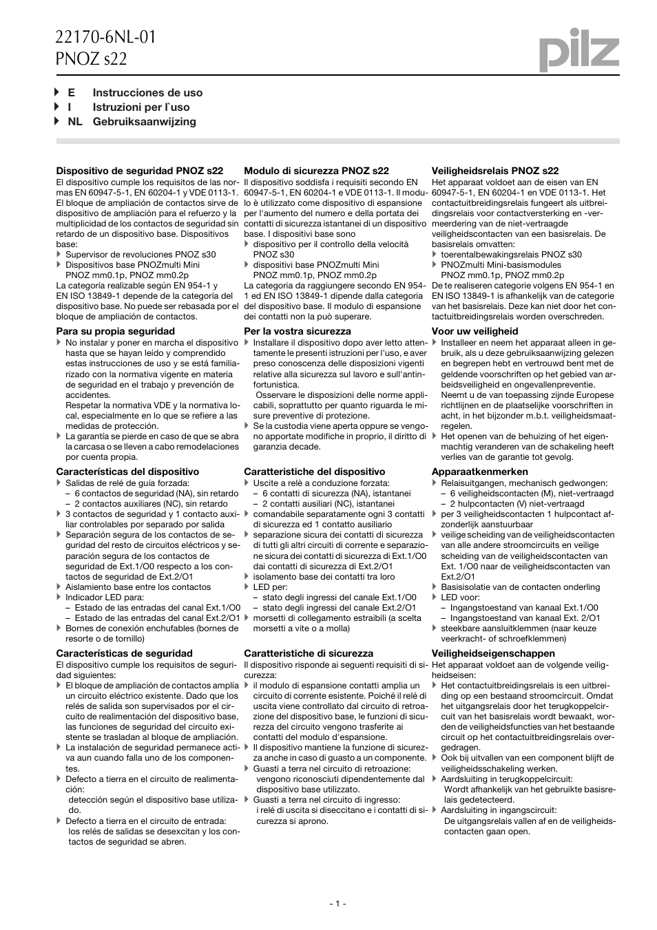 Einstrucciones de uso, Iistruzioni per l`uso, Nl gebruiksaanwijzing | Pilz PNOZ s22 C 24VDC 2 x 3 n/o 1 n/c User Manual | Page 7 / 12