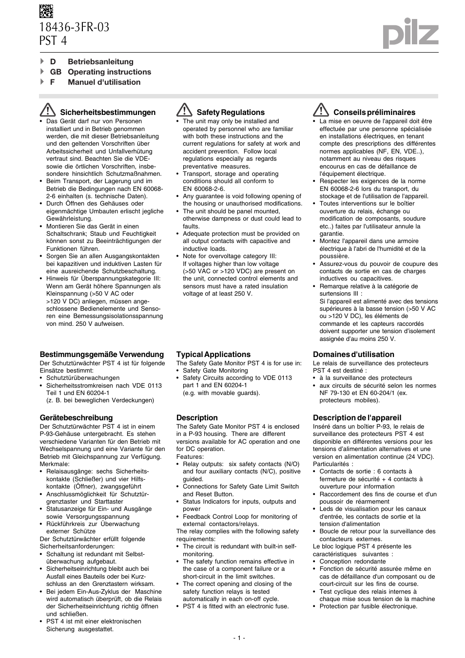 Pilz PST 4 230 V AC 6N/O 4N/C User Manual | 8 pages