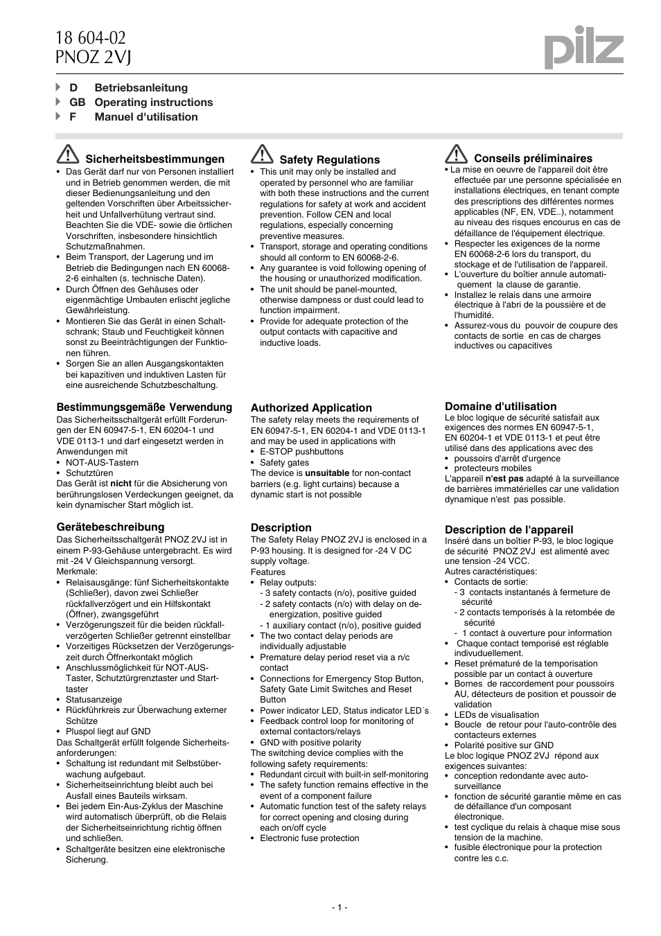 Pilz PNOZ 2VJ 24VDC 3n/o 1n/c 2n/o t User Manual | 8 pages