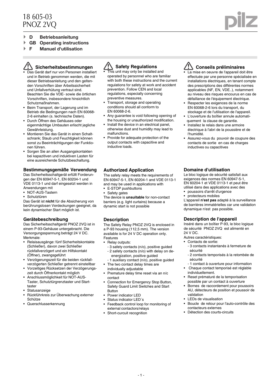 Pilz PNOZ 2VQ 24VDC 3n/o 1n/c 2n/o t User Manual | 8 pages