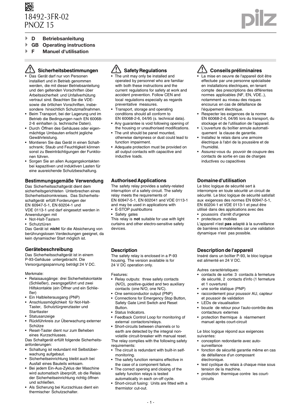 Pilz PNOZ 15 24VDC 3n/o 1n/o 1n/c User Manual | 8 pages
