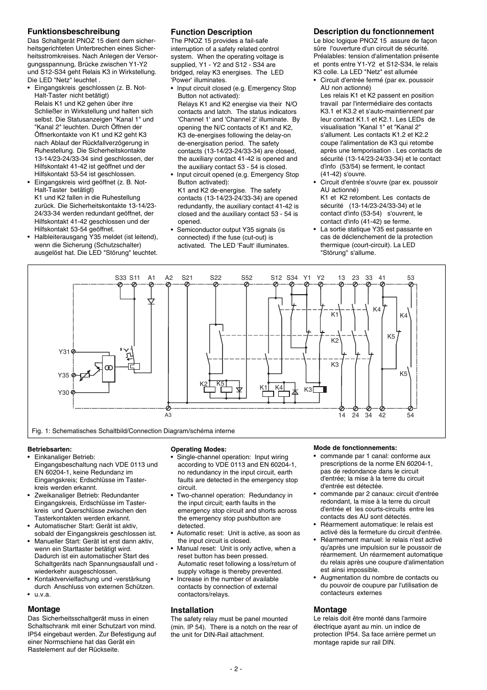 Funktionsbeschreibung, Function description, Description du fonctionnement | Montage, Installation | Pilz PNOZ 15 24VDC 3n/o 1n/o 1n/c User Manual | Page 2 / 8