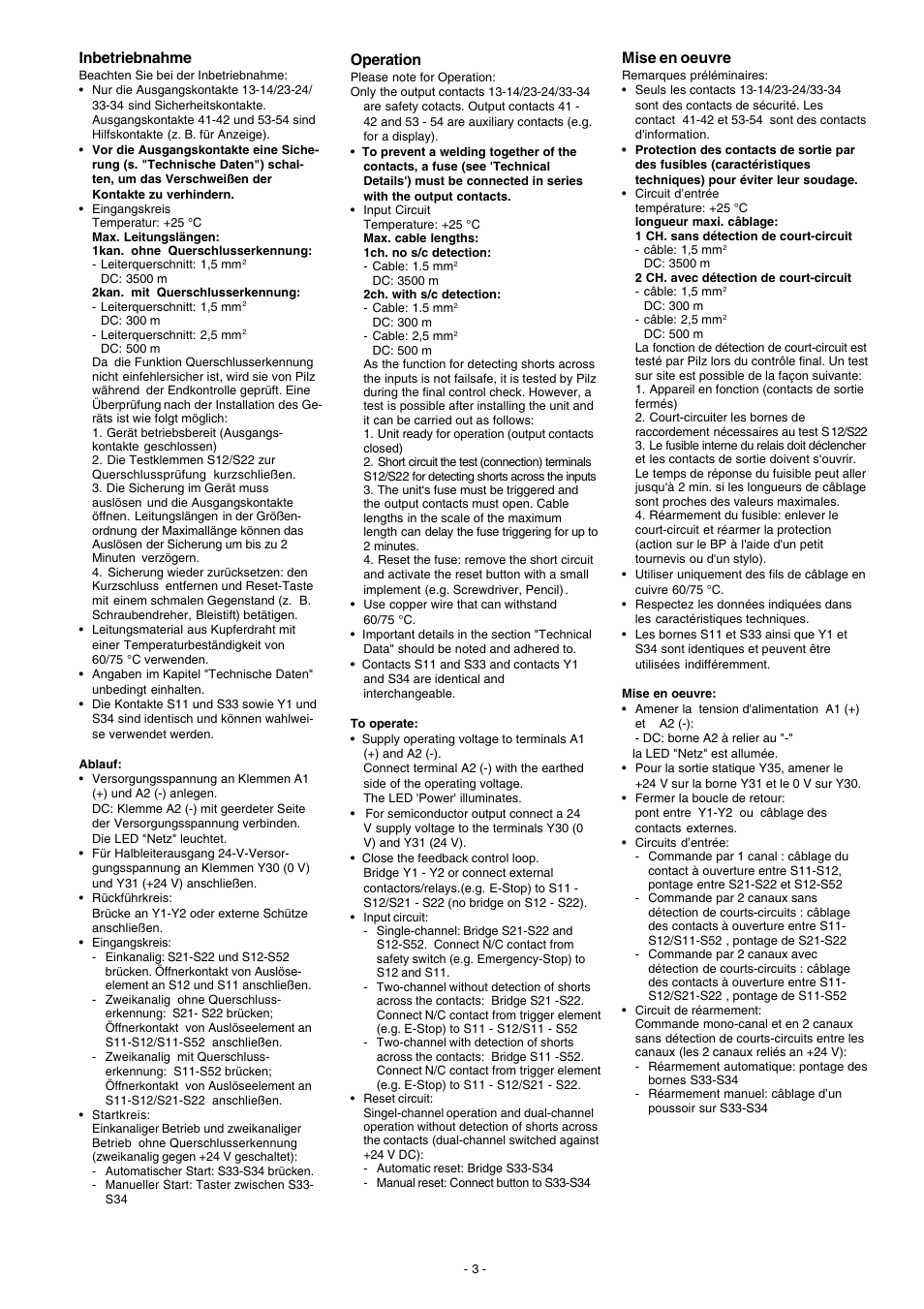 Inbetriebnahme, Mise en oeuvre, Operation | Pilz PNOZ 15 24VDC 3n/o 1n/o 1n/c User Manual | Page 3 / 8