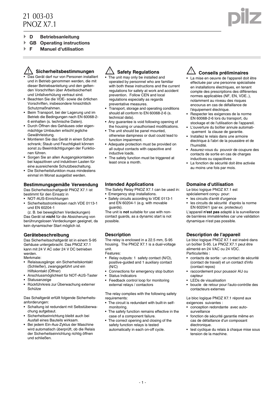 Pilz PNOZ X7.1 24VAC/DC 1n/o 1n/c User Manual | 8 pages