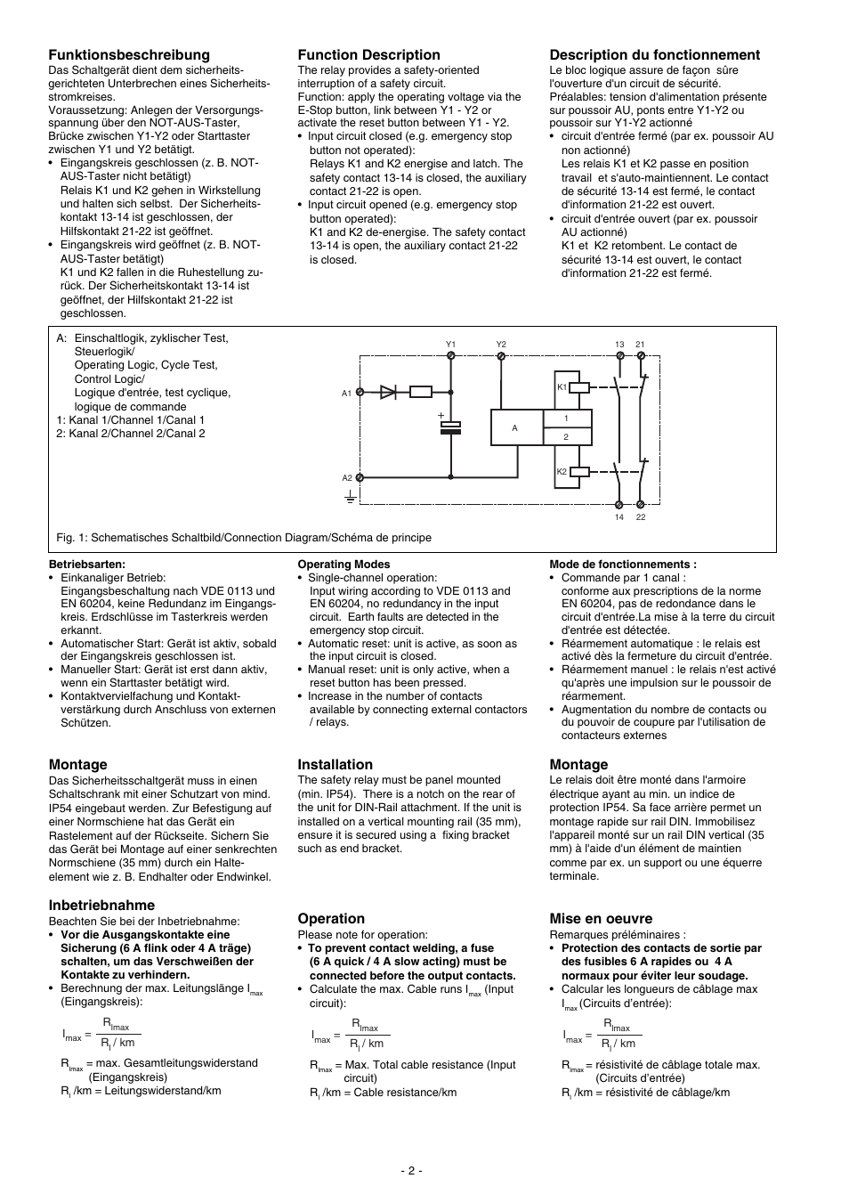 Funktionsbeschreibung, Montage, Inbetriebnahme | Function description, Installation, Operation, Description du fonctionnement, Mise en oeuvre | Pilz PNOZ X7.1 24VAC/DC 1n/o 1n/c User Manual | Page 2 / 8