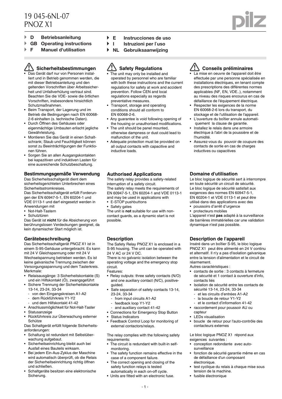 Pilz PNOZ X1 24VAC/DC 3n/o 1n/c User Manual | 12 pages