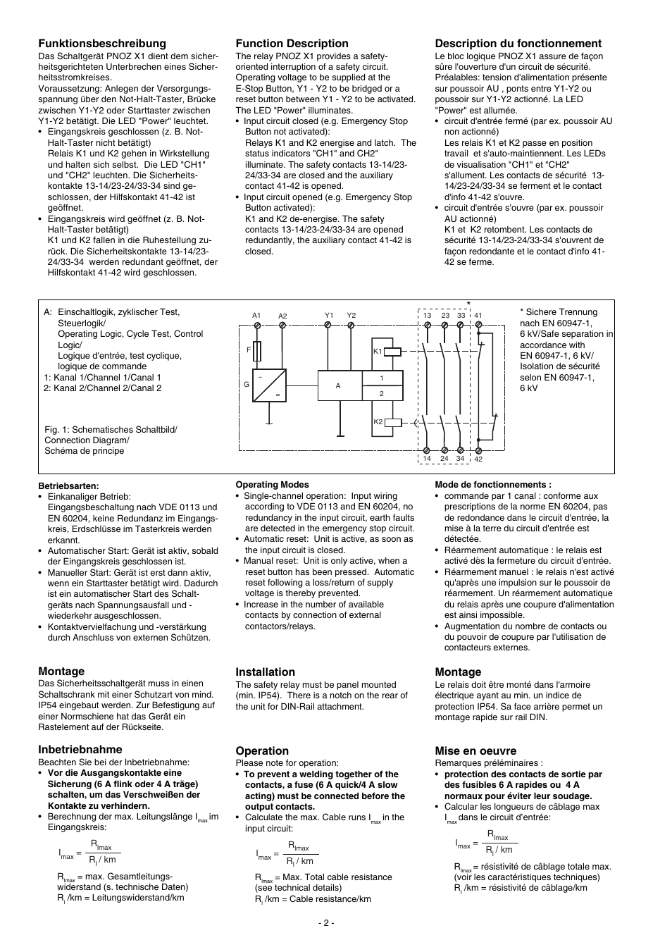 Funktionsbeschreibung, Montage, Inbetriebnahme | Function description, Description du fonctionnement, Installation, Operation, Mise en oeuvre | Pilz PNOZ X1 24VAC/DC 3n/o 1n/c User Manual | Page 2 / 12