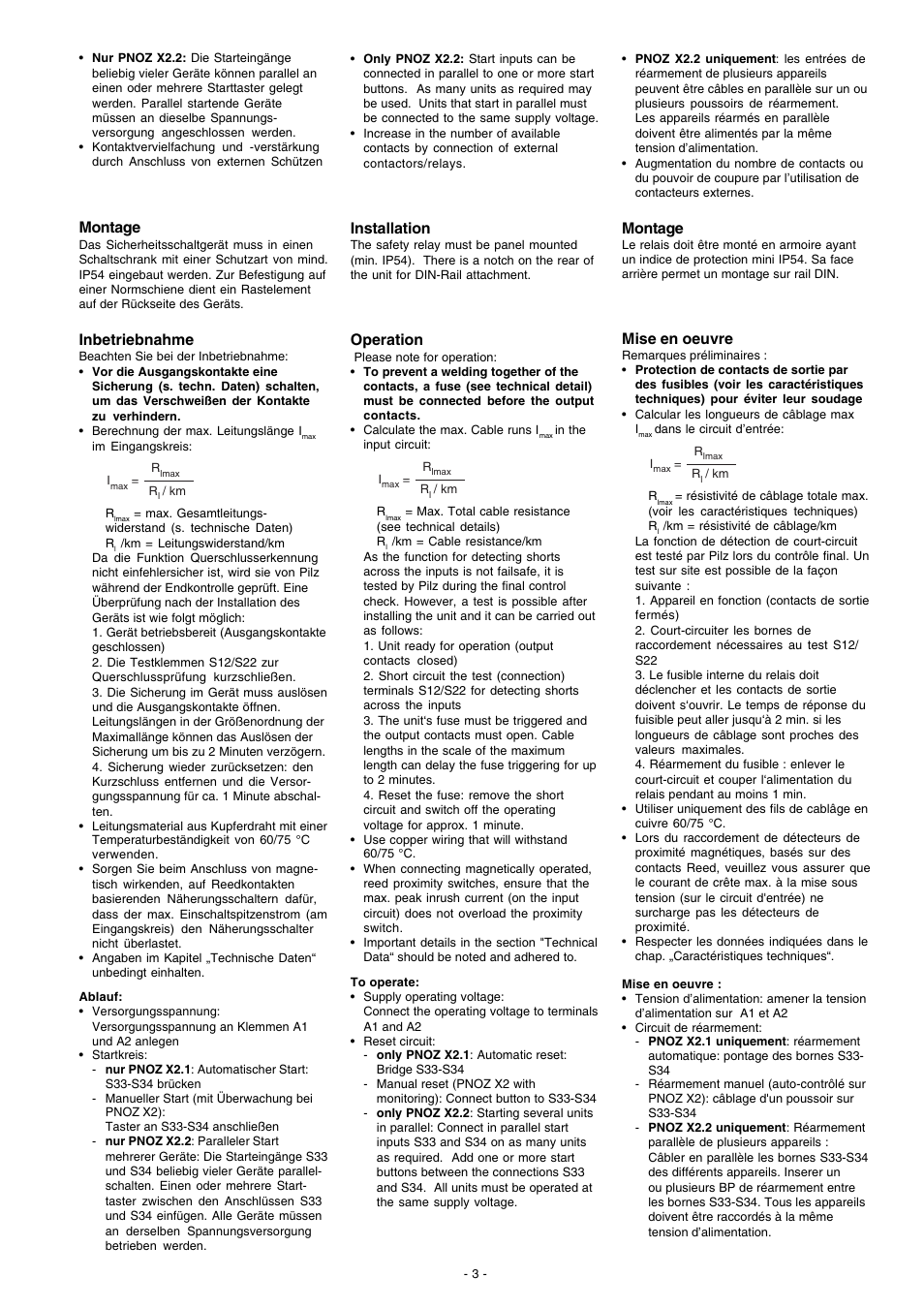 Montage, Mise en oeuvre, Installation | Operation, Inbetriebnahme | Pilz PNOZ X2.2 24VAC/DC 2n/o User Manual | Page 3 / 16