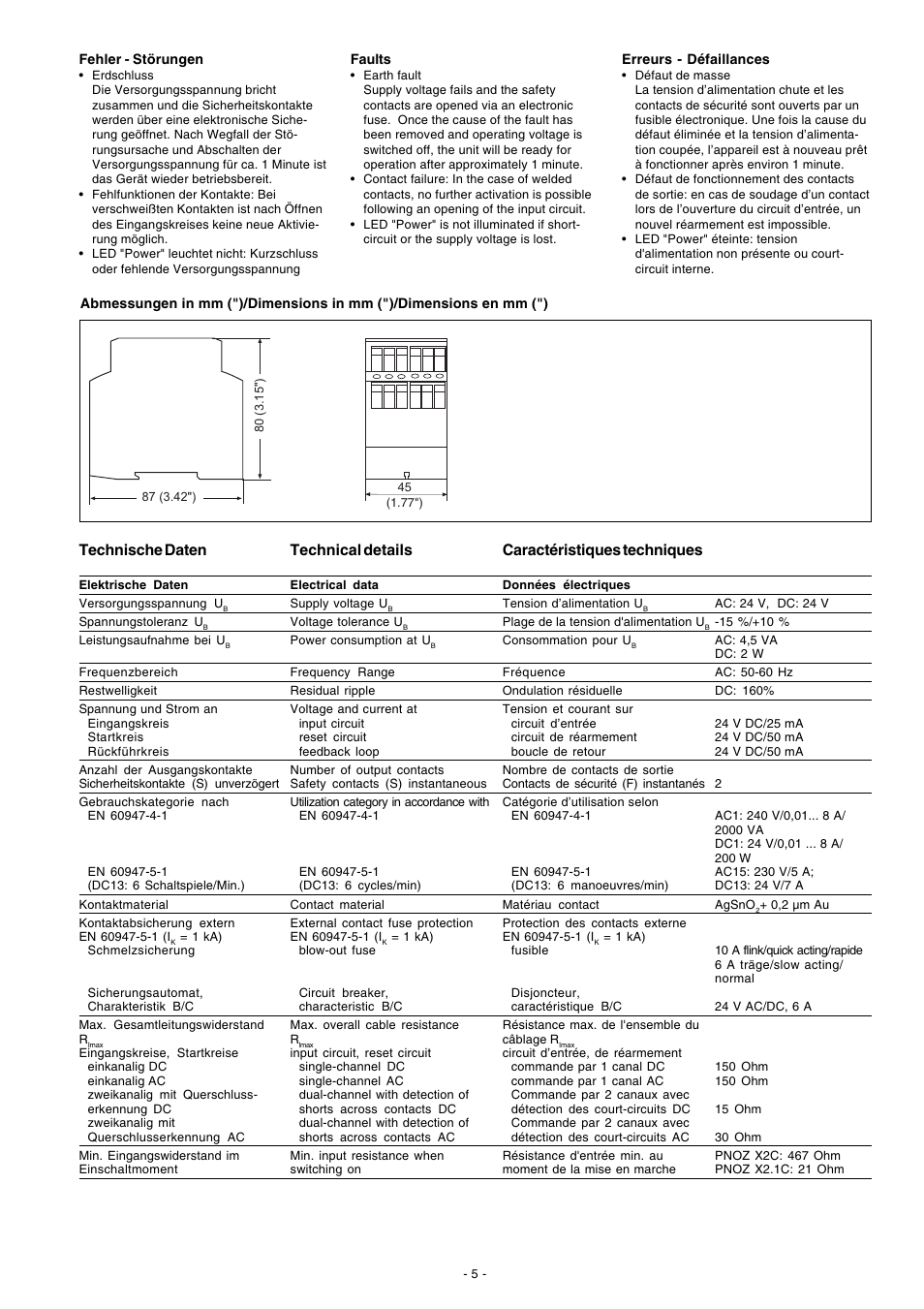 Technische daten, Technical details, Caractéristiques techniques | Pilz PNOZ X2.1C 24VAC/DC 2n/o User Manual | Page 5 / 16