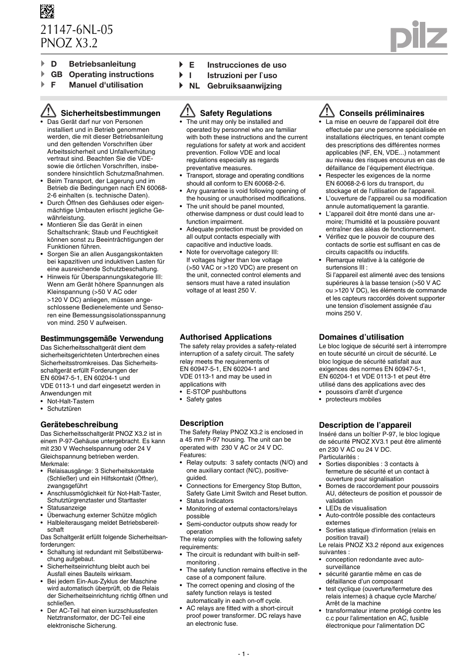 Pilz PNOZ X3.2 230VAC 24VDC 3n/o 1n/c 1so User Manual | 20 pages