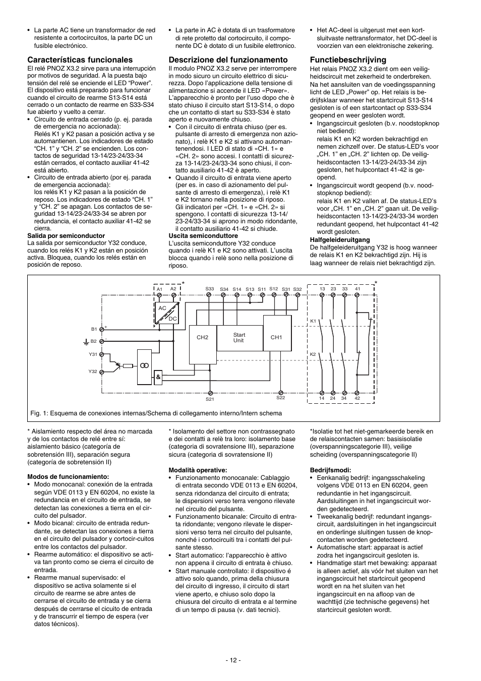 Características funcionales, Descrizione del funzionamento, Functiebeschrijving | Pilz PNOZ X3.2 230VAC 24VDC 3n/o 1n/c 1so User Manual | Page 12 / 20