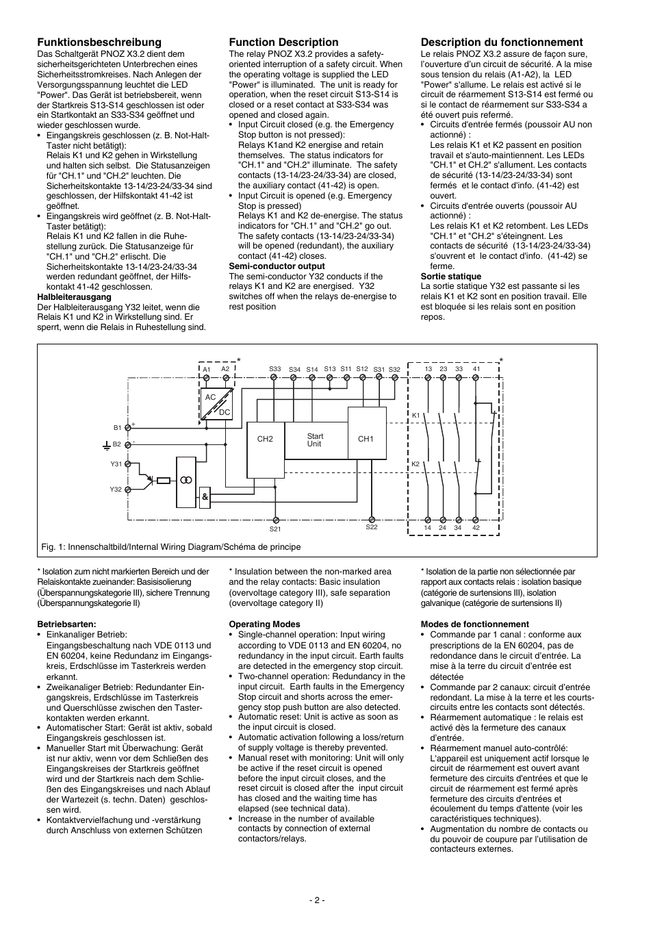 Description du fonctionnement, Funktionsbeschreibung, Function description | Pilz PNOZ X3.2 230VAC 24VDC 3n/o 1n/c 1so User Manual | Page 2 / 20