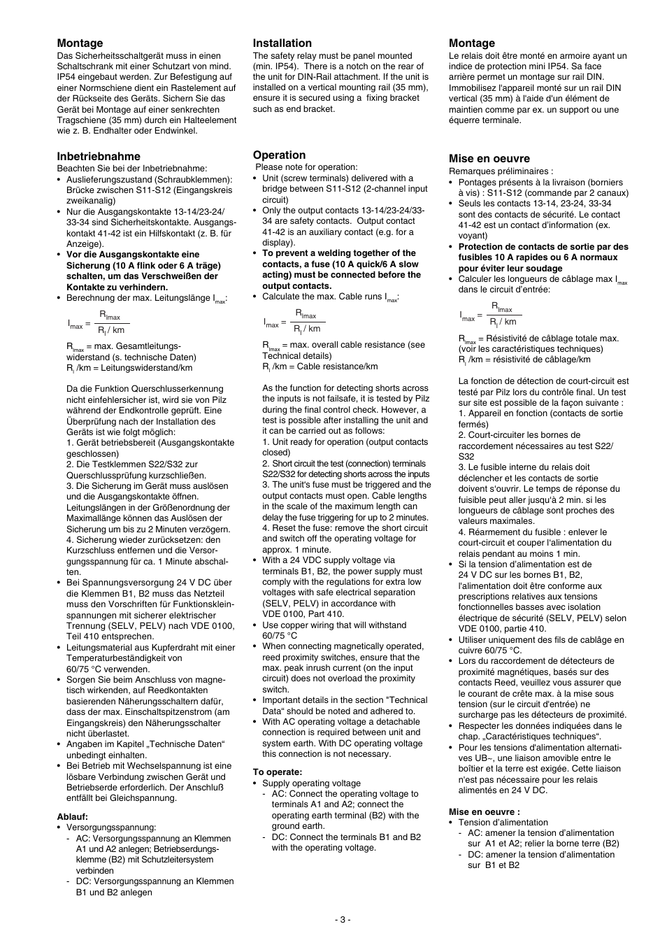 Montage, Mise en oeuvre, Inbetriebnahme | Installation, Operation | Pilz PNOZ X3.2 230VAC 24VDC 3n/o 1n/c 1so User Manual | Page 3 / 20