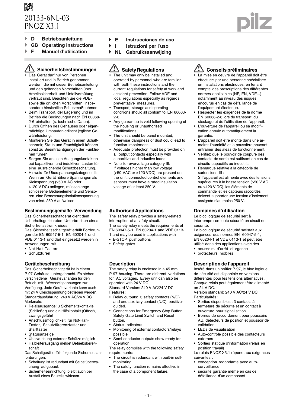 Pilz PNOZ X3.1 240VAC 24VDC 3n/o 1n/c 1so User Manual | 20 pages