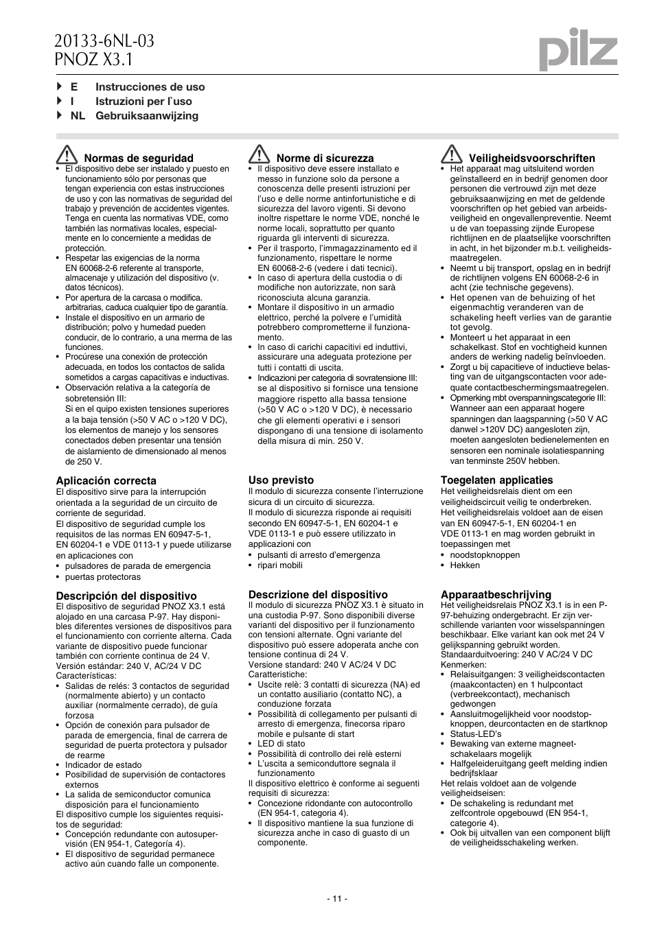 Pilz PNOZ X3.1 240VAC 24VDC 3n/o 1n/c 1so User Manual | Page 11 / 20