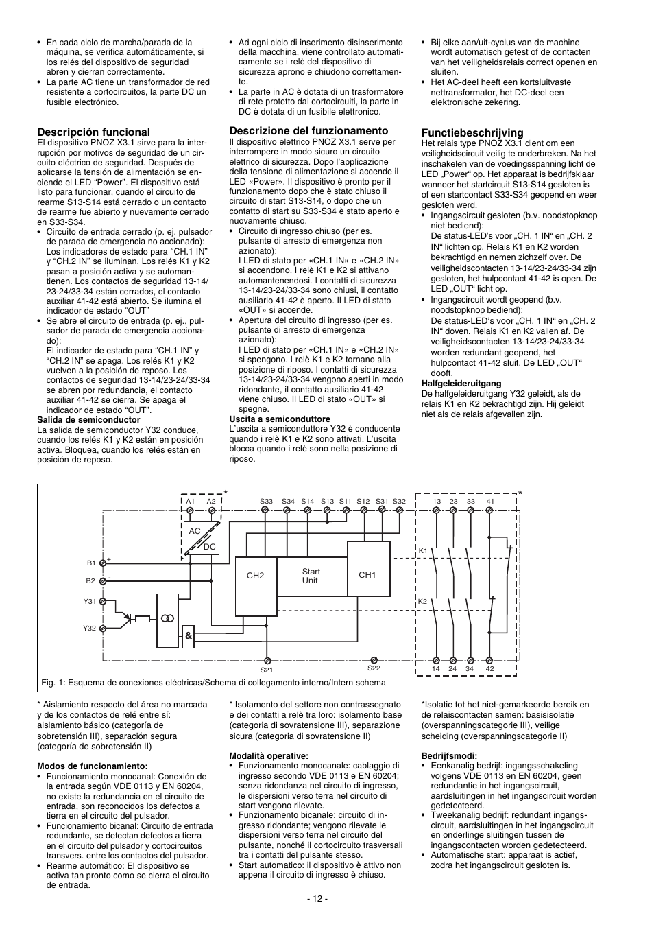 Descrizione del funzionamento, Descripción funcional, Functiebeschrijving | Pilz PNOZ X3.1 240VAC 24VDC 3n/o 1n/c 1so User Manual | Page 12 / 20