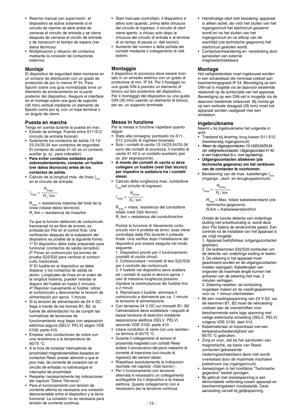 Montaggio, Messa in funzione, Montaje | Puesta en marcha, Montage, Ingebruikname | Pilz PNOZ X3.1 240VAC 24VDC 3n/o 1n/c 1so User Manual | Page 13 / 20