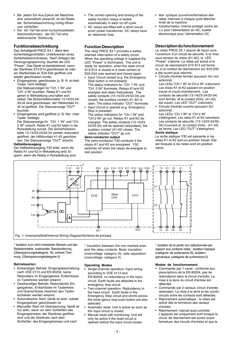 Function description, Funktionsbeschreibung, Description du fonctionnement | Pilz PNOZ X3.1 240VAC 24VDC 3n/o 1n/c 1so User Manual | Page 2 / 20