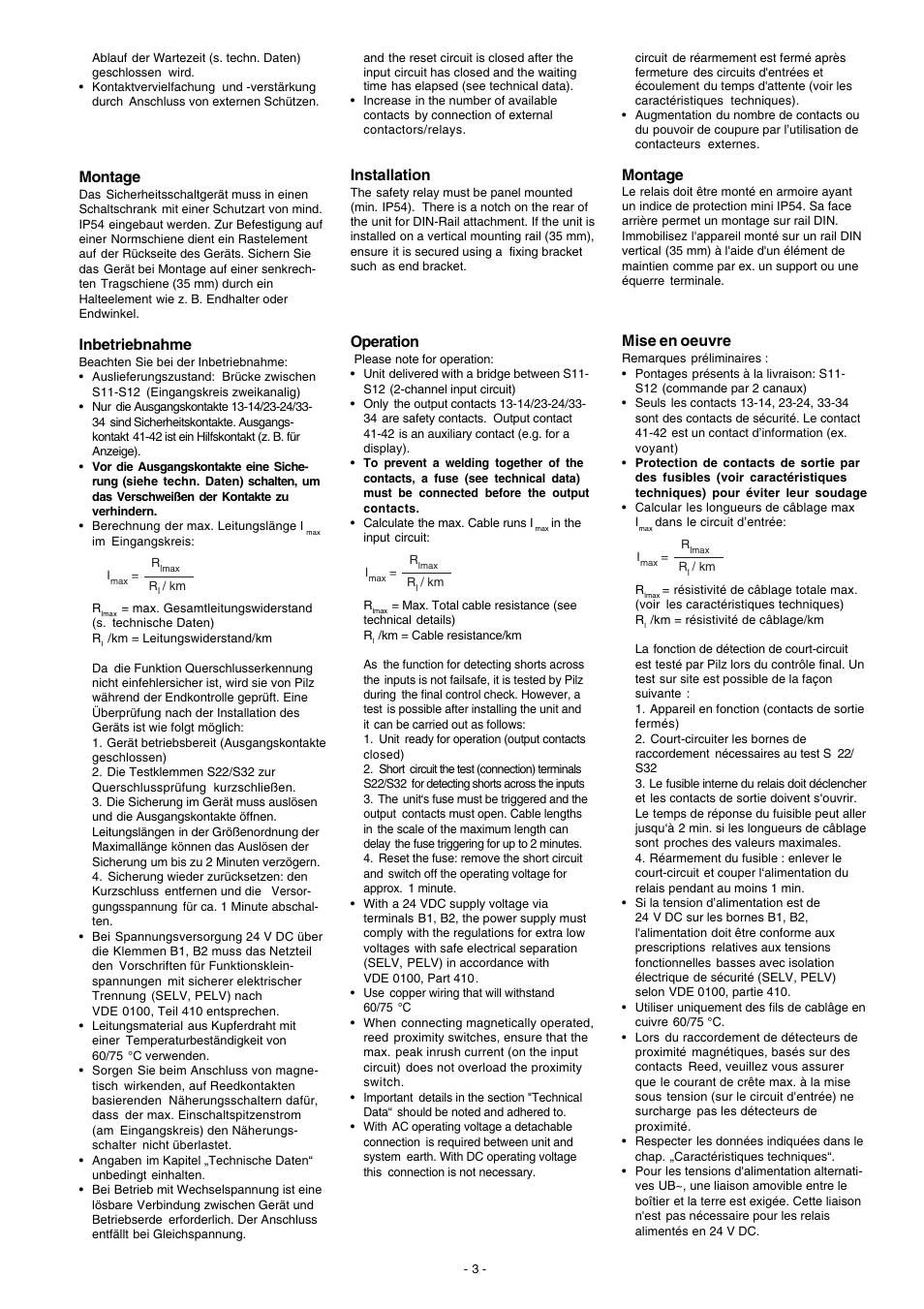 Montage, Inbetriebnahme, Installation | Operation, Mise en oeuvre | Pilz PNOZ X3.1 240VAC 24VDC 3n/o 1n/c 1so User Manual | Page 3 / 20