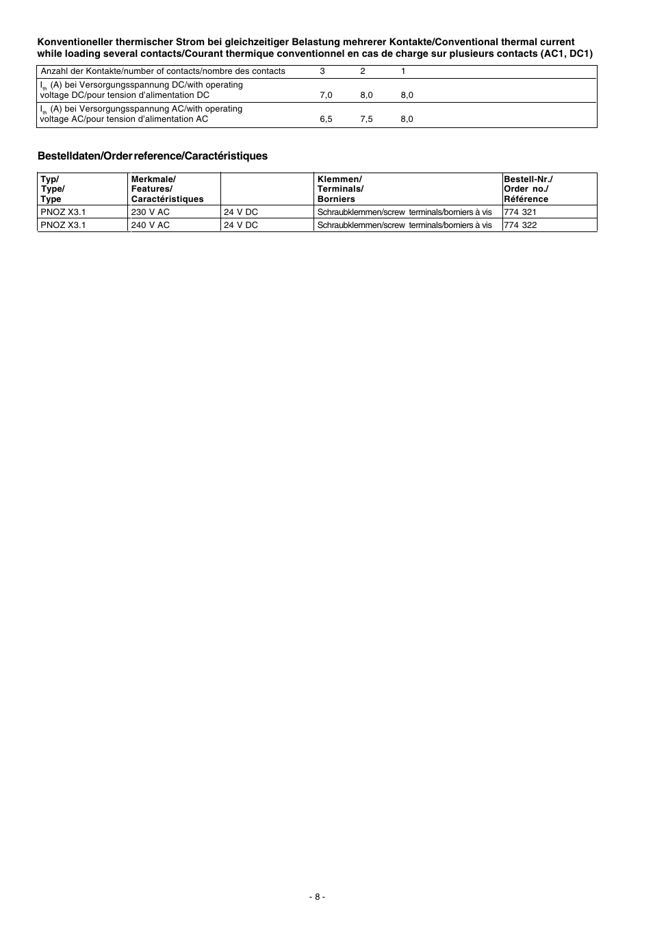 Bestelldaten/order reference/caractéristiques | Pilz PNOZ X3.1 240VAC 24VDC 3n/o 1n/c 1so User Manual | Page 8 / 20