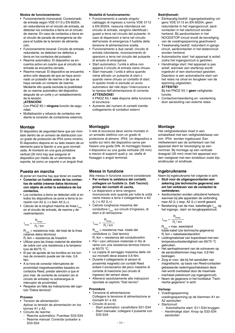 Montaje, Puesta en marcha, Montaggio | Messa in funzione, Montage, Ingebruikname | Pilz PNOZ X5 12VDC 2n/o User Manual | Page 11 / 16