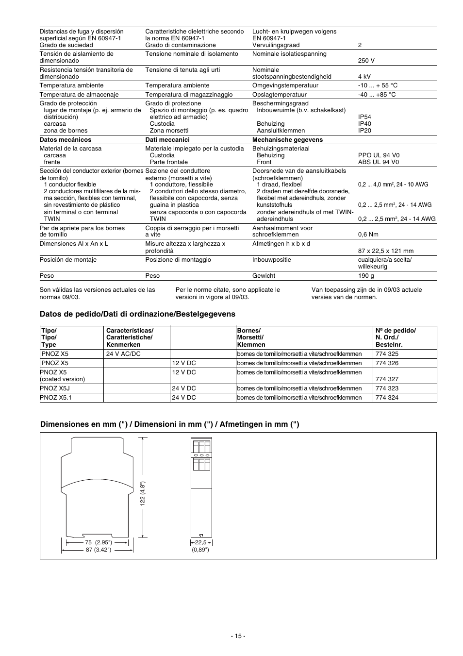 Datos de pedido/dati di ordinazione/bestelgegevens | Pilz PNOZ X5 12VDC 2n/o User Manual | Page 15 / 16