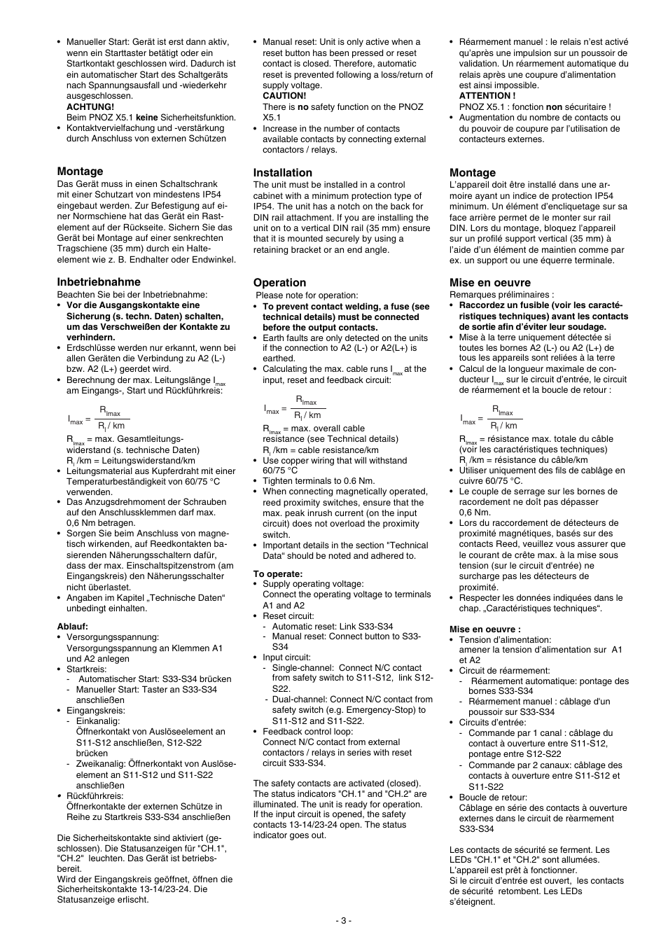Montage, Inbetriebnahme, Mise en oeuvre | Installation, Operation | Pilz PNOZ X5 12VDC 2n/o User Manual | Page 3 / 16