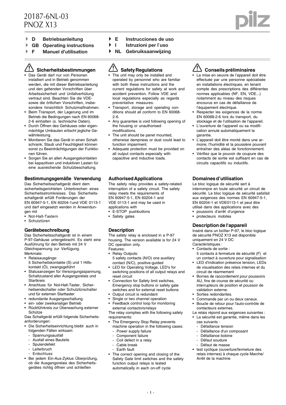 Pilz PNOZ X13 24VDC 5n/o 1n/c User Manual | 16 pages