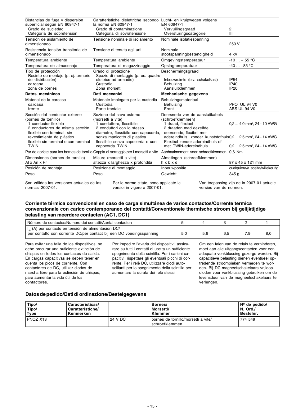 Datos de pedido/dati di ordinazione/bestelgegevens | Pilz PNOZ X13 24VDC 5n/o 1n/c User Manual | Page 15 / 16