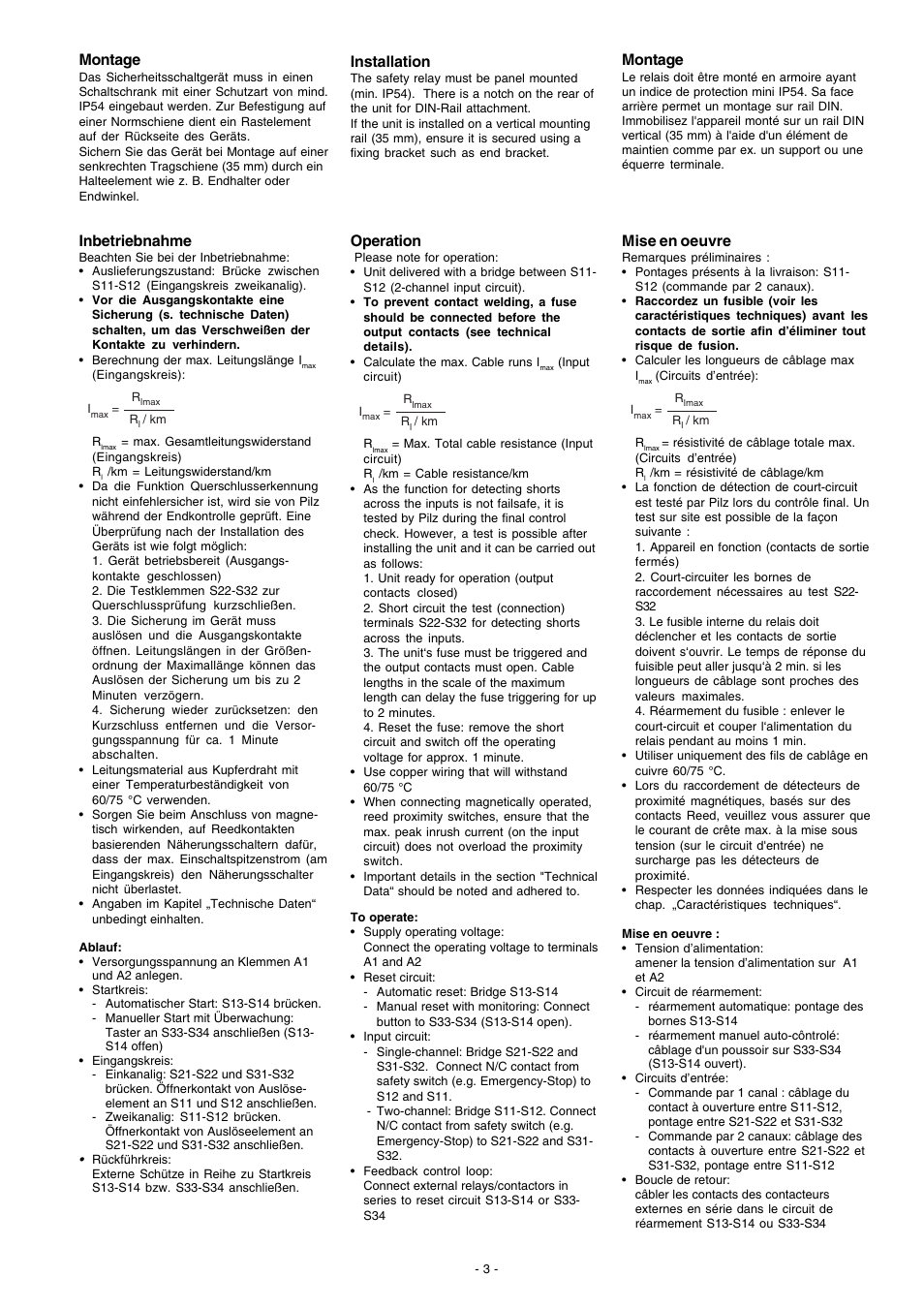 Montage, Installation, Inbetriebnahme | Operation, Mise en oeuvre | Pilz PNOZ X13 24VDC 5n/o 1n/c User Manual | Page 3 / 16