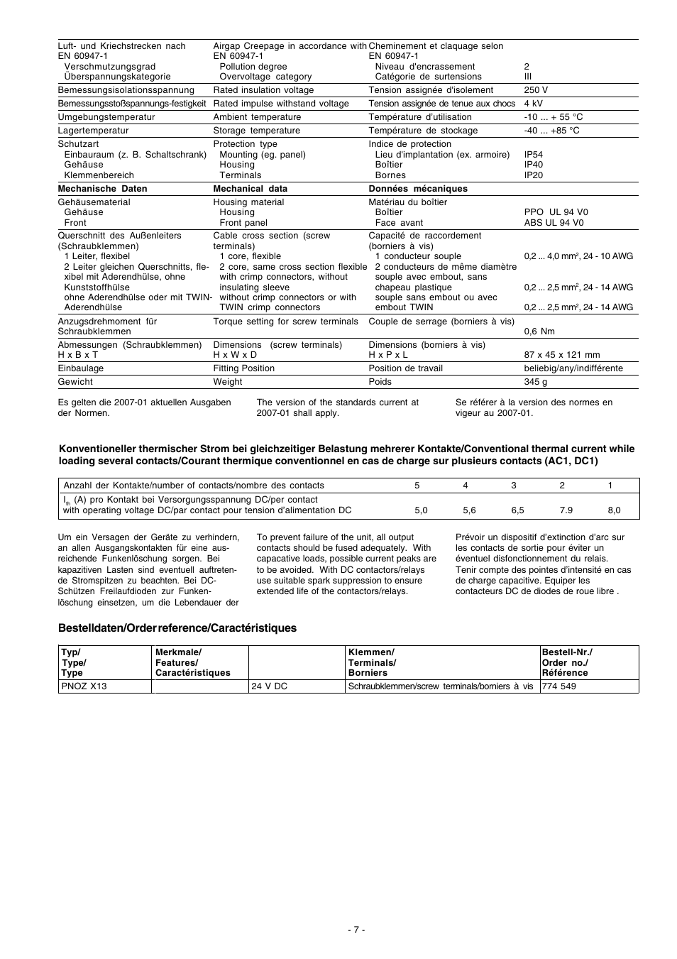 Bestelldaten/order reference/caractéristiques | Pilz PNOZ X13 24VDC 5n/o 1n/c User Manual | Page 7 / 16