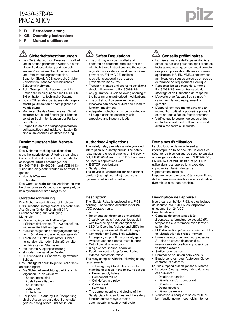 Pilz PNOZ XHCV 0,7/24VDC 2n/o fix User Manual | 8 pages