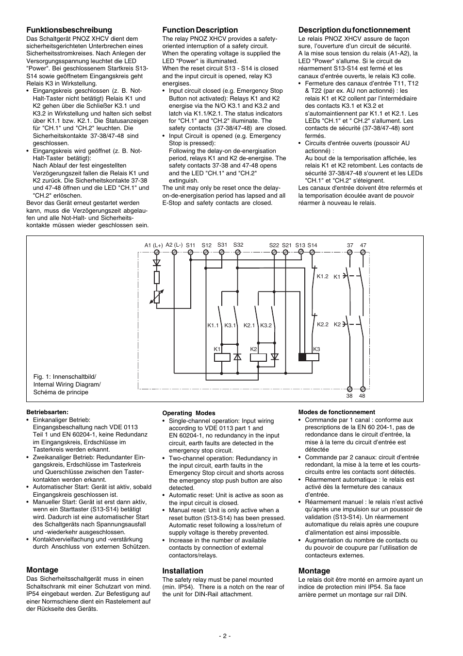 Function description, Installation, Funktionsbeschreibung | Montage, Description du fonctionnement | Pilz PNOZ XHCV 0,7/24VDC 2n/o fix User Manual | Page 2 / 8