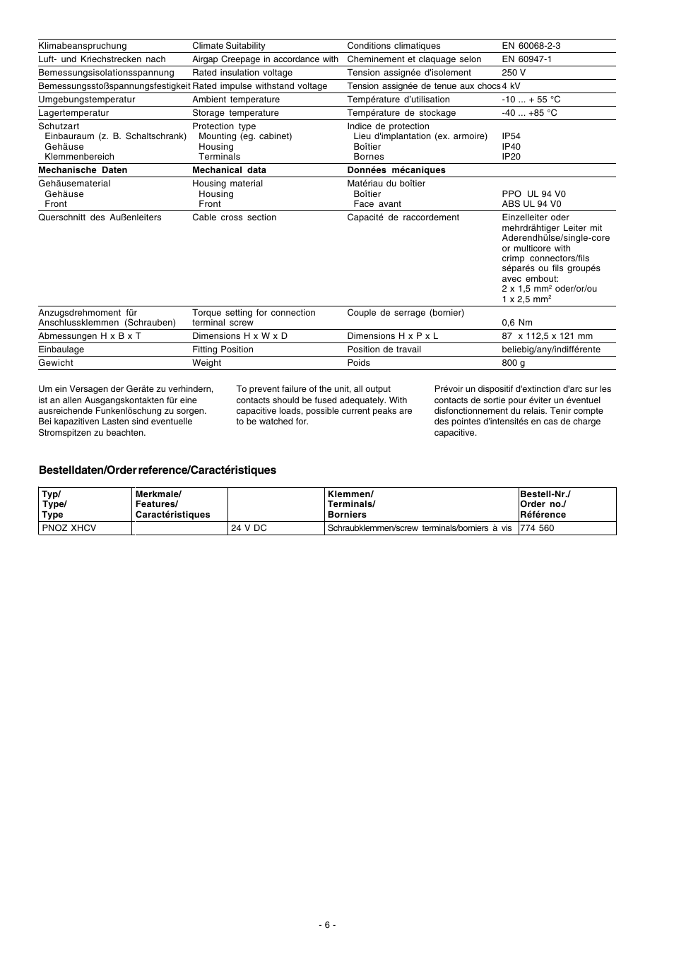Bestelldaten/order reference/caractéristiques | Pilz PNOZ XHCV 0,7/24VDC 2n/o fix User Manual | Page 6 / 8