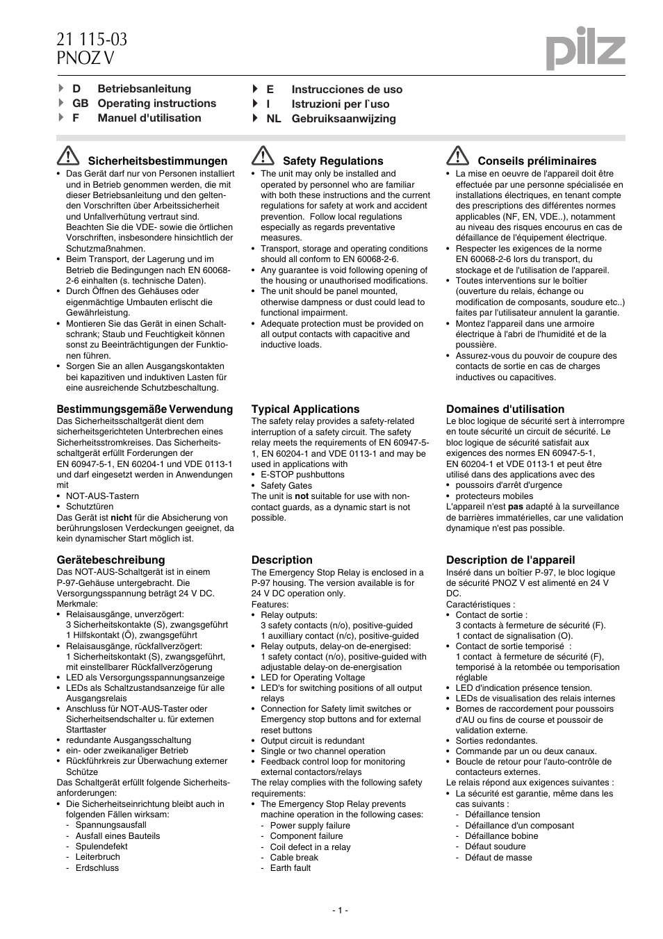 Pilz PNOZ V 300s 24VDC 3n/o 1n/c 1n/o t User Manual | 16 pages