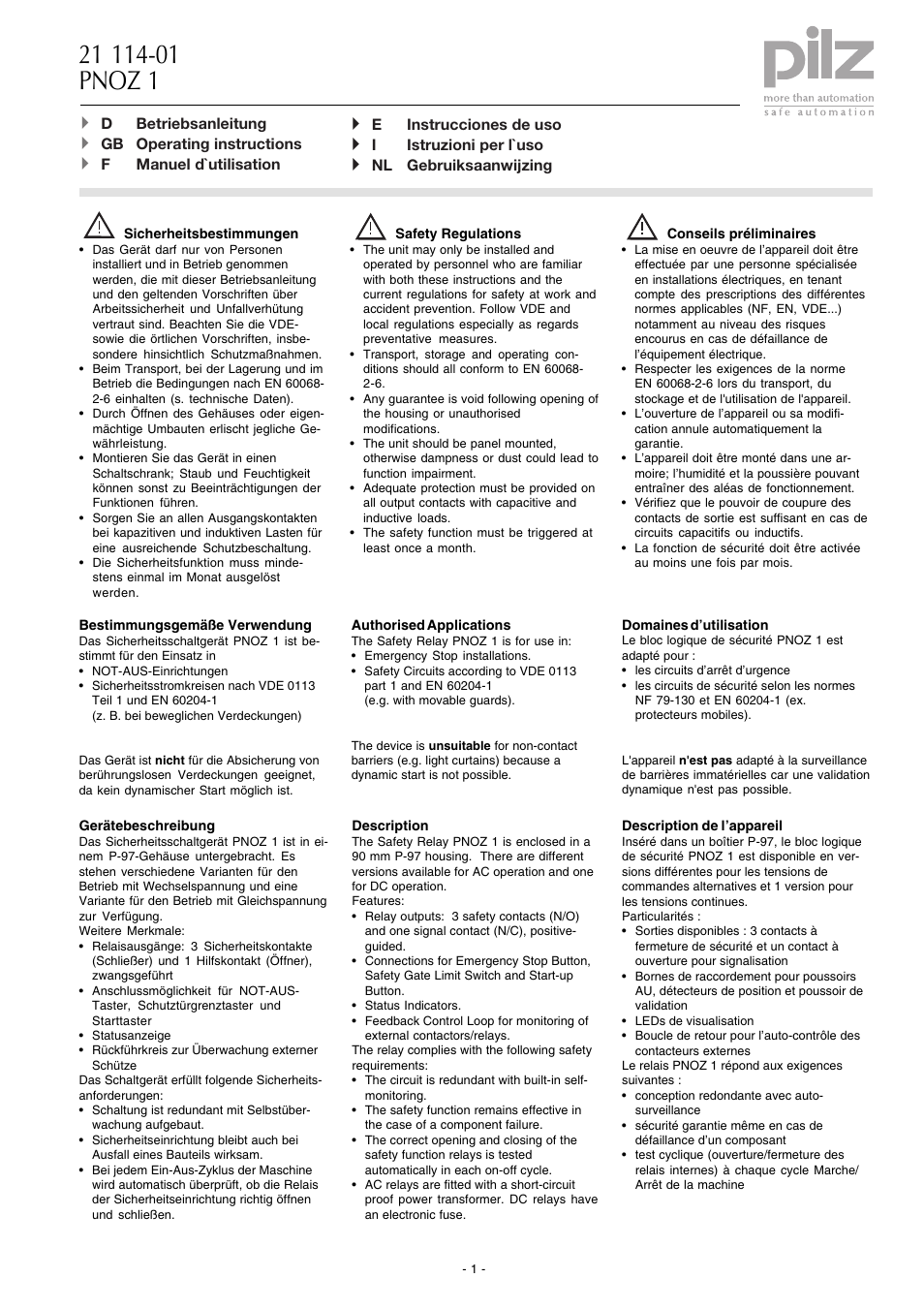 Pilz PNOZ 1 24VDC 3n/o 1n/c User Manual | 12 pages