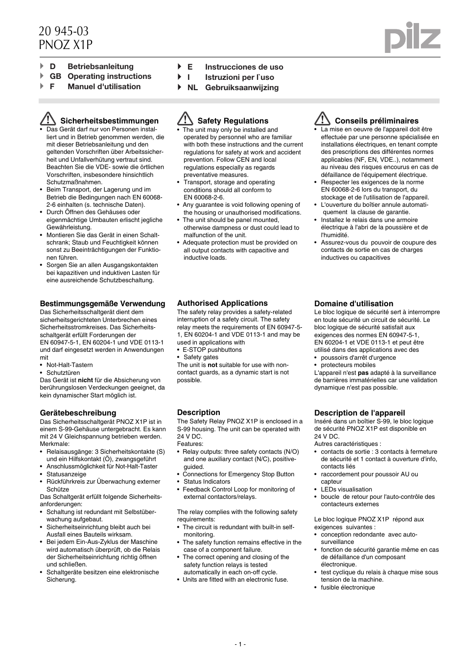 Pilz PNOZ X1P C 24VDC 3n/o 1n/c User Manual | 12 pages