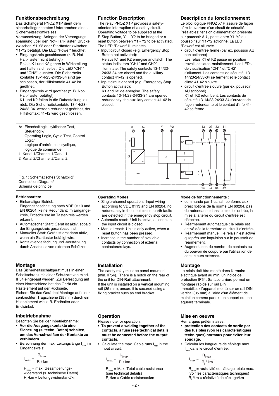 Funktionsbeschreibung, Montage, Inbetriebnahme | Function description, Description du fonctionnement, Installation, Operation, Mise en oeuvre | Pilz PNOZ X1P C 24VDC 3n/o 1n/c User Manual | Page 2 / 12