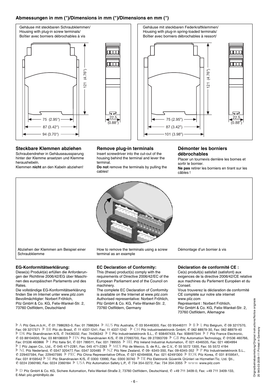 Steckbare klemmen abziehen, Remove plug-in terminals, Démonter les borniers débrochables | Pilz PNOZ X1P C 24VDC 3n/o 1n/c User Manual | Page 6 / 12