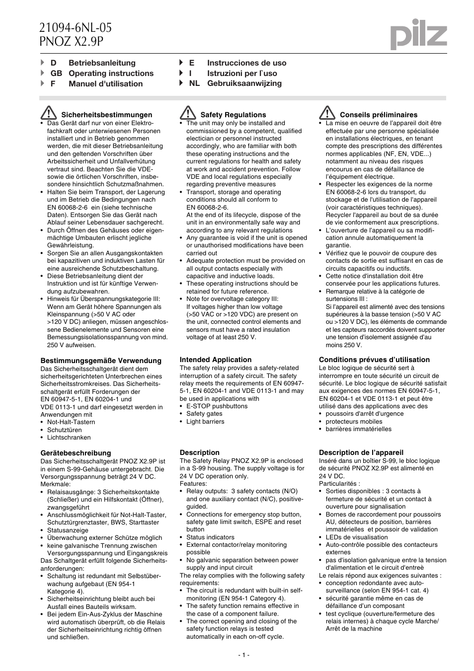 Pilz PNOZ X2.9P C 24VDC 3n/o 1n/c User Manual | 20 pages