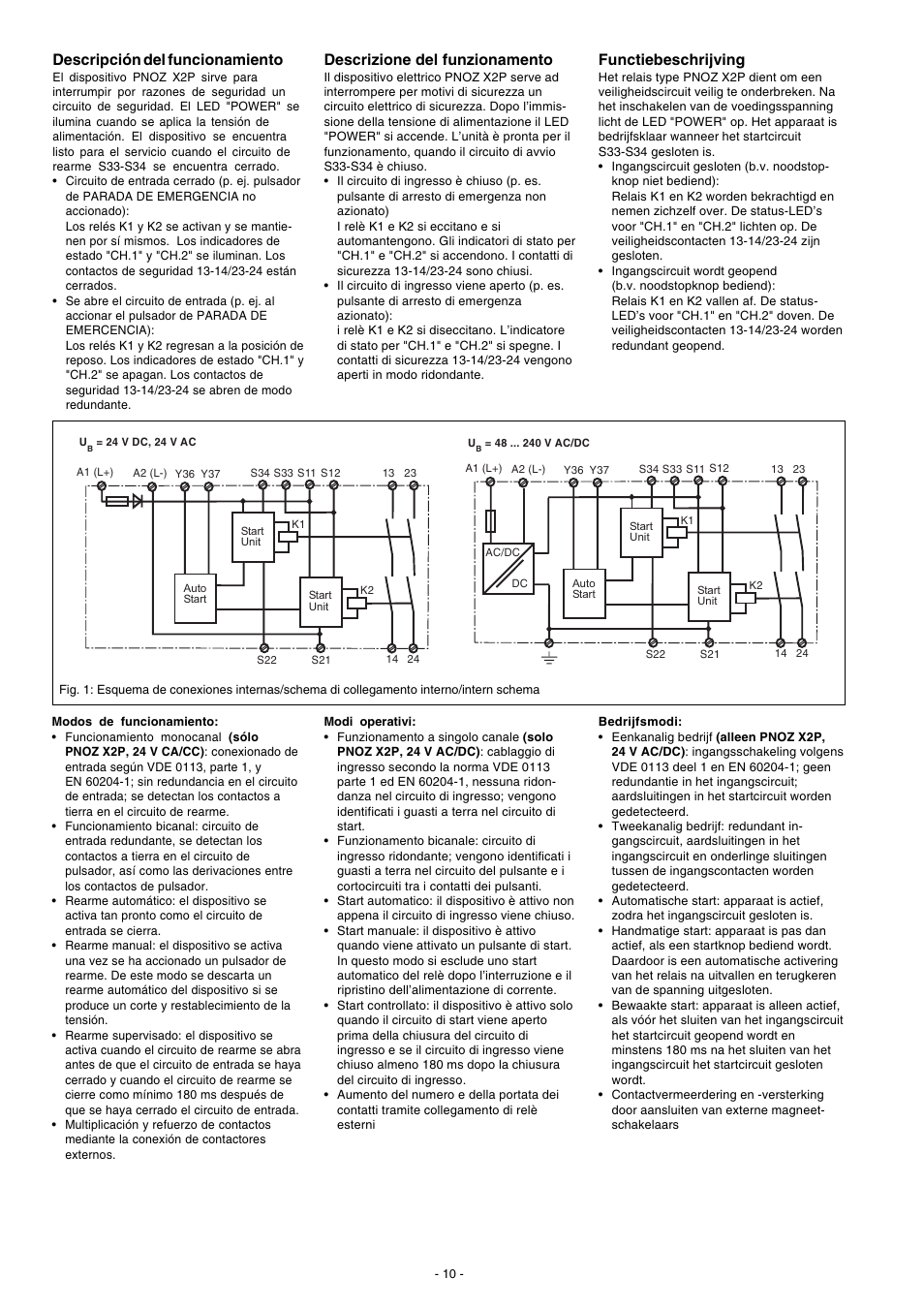 Descripción del funcionamiento, Descrizione del funzionamento, Functiebeschrijving | Pilz PNOZ X2P C 48-240VACDC 2n/o User Manual | Page 10 / 16