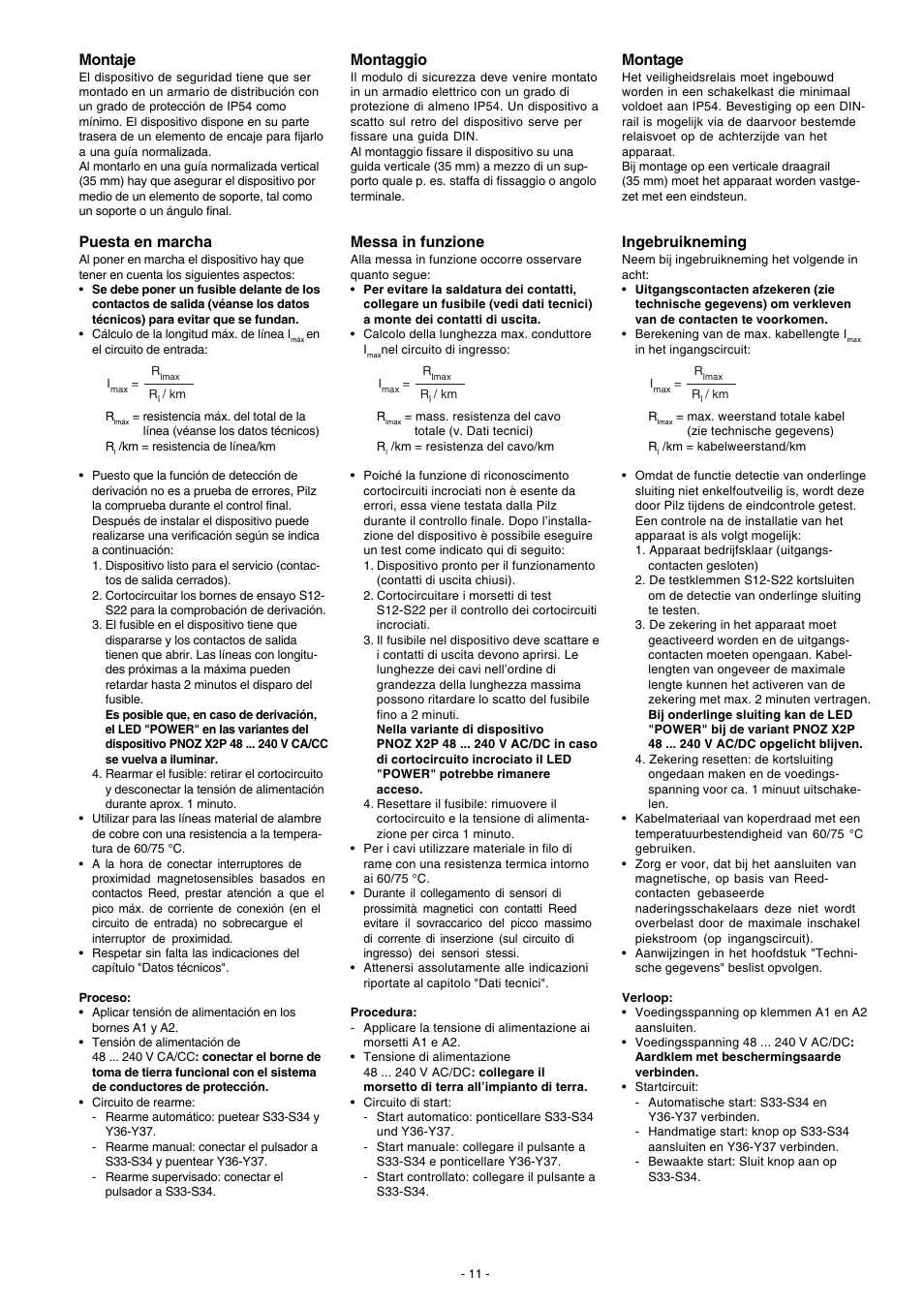 Montaje, Puesta en marcha, Montaggio | Messa in funzione, Montage, Ingebruikneming | Pilz PNOZ X2P C 48-240VACDC 2n/o User Manual | Page 11 / 16