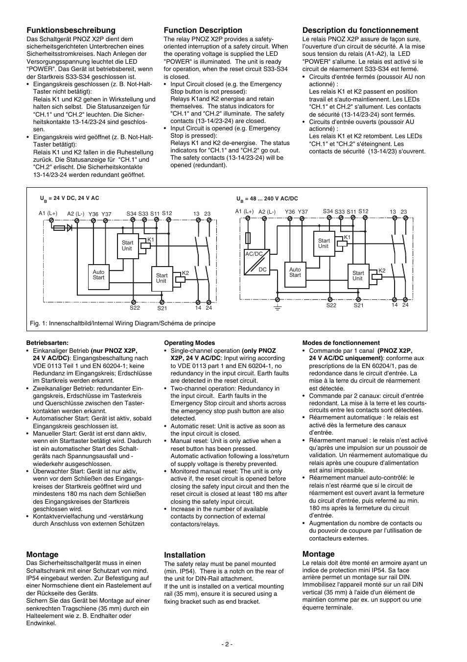 Funktionsbeschreibung, Description du fonctionnement, Function description | Montage, Installation | Pilz PNOZ X2P C 48-240VACDC 2n/o User Manual | Page 2 / 16