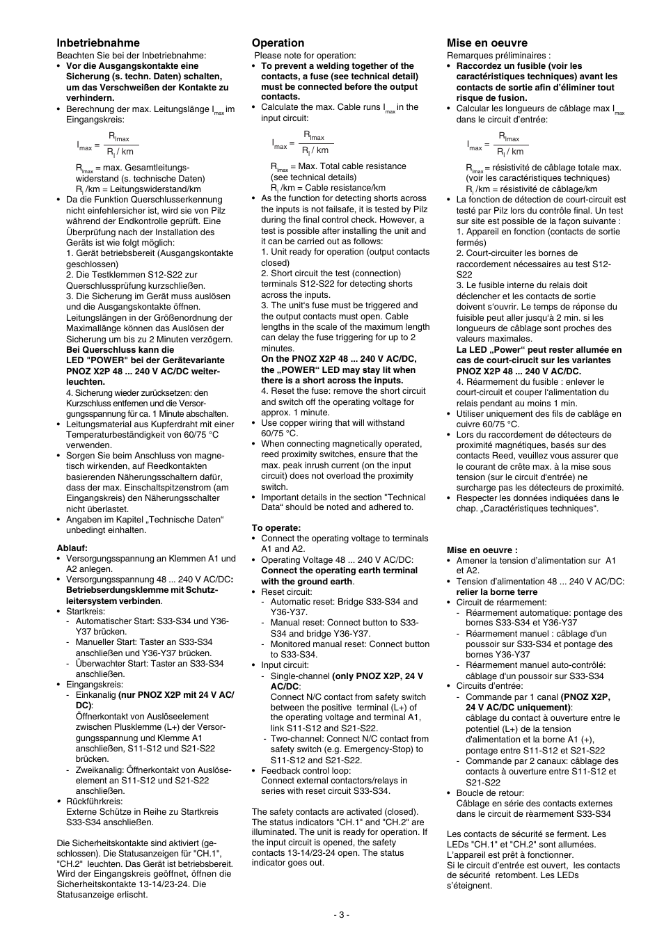 Mise en oeuvre, Operation, Inbetriebnahme | Pilz PNOZ X2P C 48-240VACDC 2n/o User Manual | Page 3 / 16