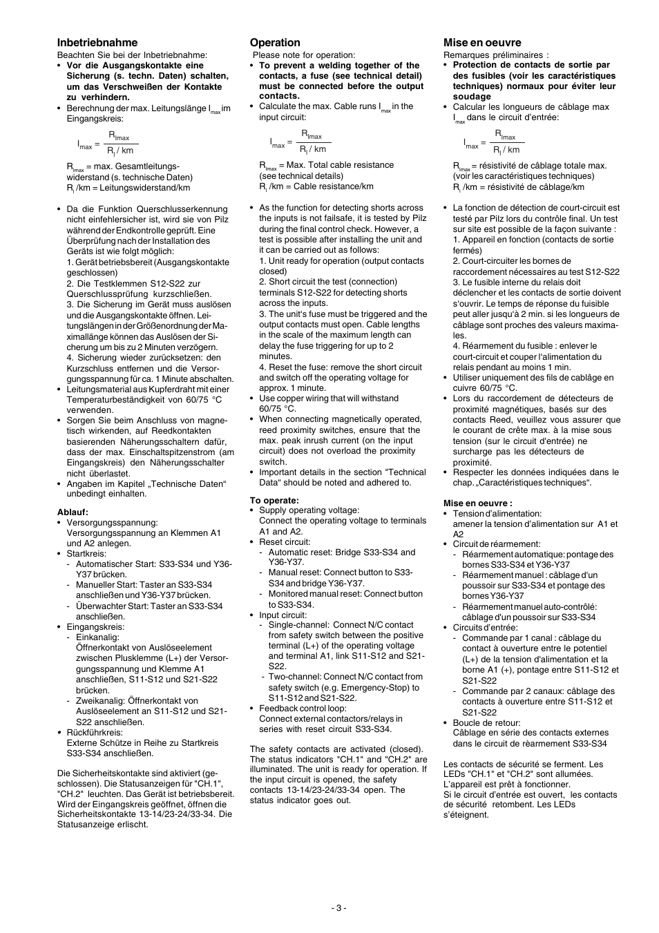 Inbetriebnahme, Mise en oeuvre, Operation | Pilz PNOZ X2.3P C 24VACDC 3n/o User Manual | Page 3 / 16